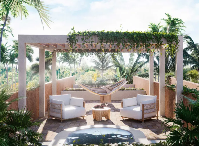 Bedroom design with rattan headboard and coastal textures